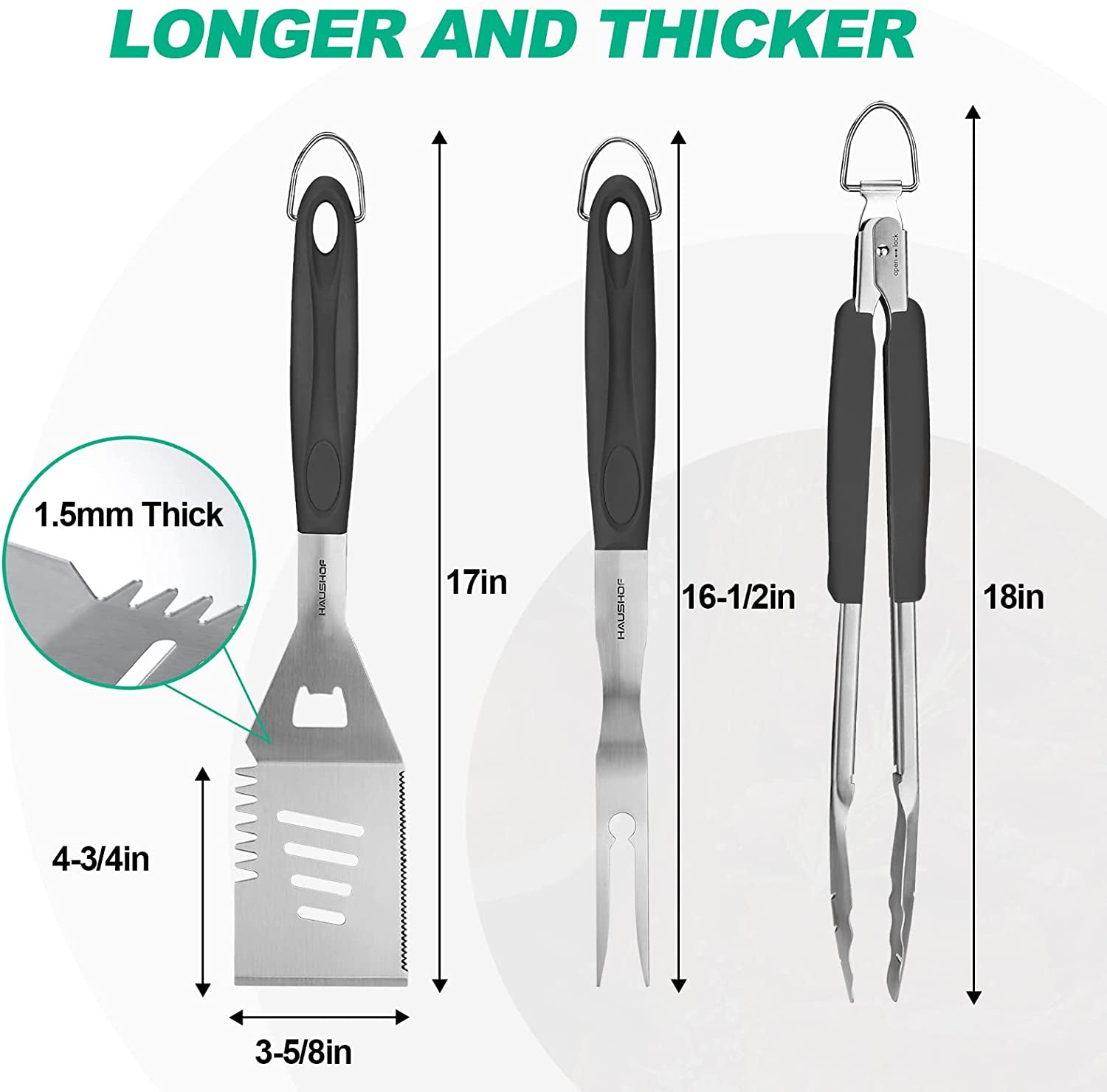 HAUSHOF Large Grill Accessories Heavy Duty BBQ Set Gifts for Men/Women - Premium Stainless Steel Spatula, Fork & Tongs (16.5/16/16.5 In.), Barbecue Utensils Tool Kit Gift for Grilling Lover Outdoor