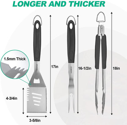HAUSHOF Large Grill Accessories Heavy Duty BBQ Set Gifts for Men/Women - Premium Stainless Steel Spatula, Fork & Tongs (16.5/16/16.5 In.), Barbecue Utensils Tool Kit Gift for Grilling Lover Outdoor