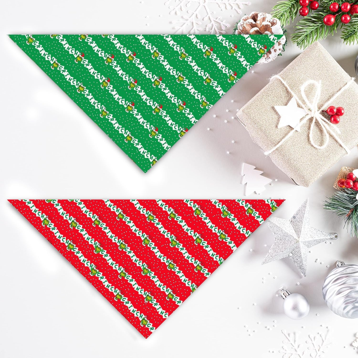 Christmas Dog Bandanas, Double Sided 2 Pack Holiday New Year Puppy Bandanas, Girnch Smile Square Dog Kerchief Merry Christmas Dogs Gifts (05)