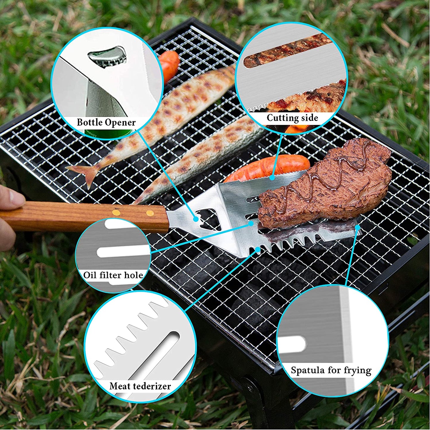 Wooded BBQ Accessories Grilling Tools,Stainless Steel BBQ Tools Grill Tools Set for Cooking, Backyard Barbecue & Outdoor Camping Gift for Man Dad Women Barbecue Enthusiasts Set of 4