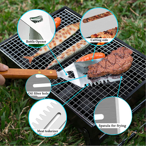 Image of Wooded BBQ Accessories Grilling Tools,Stainless Steel BBQ Tools Grill Tools Set for Cooking, Backyard Barbecue & Outdoor Camping Gift for Man Dad Women Barbecue Enthusiasts Set of 4