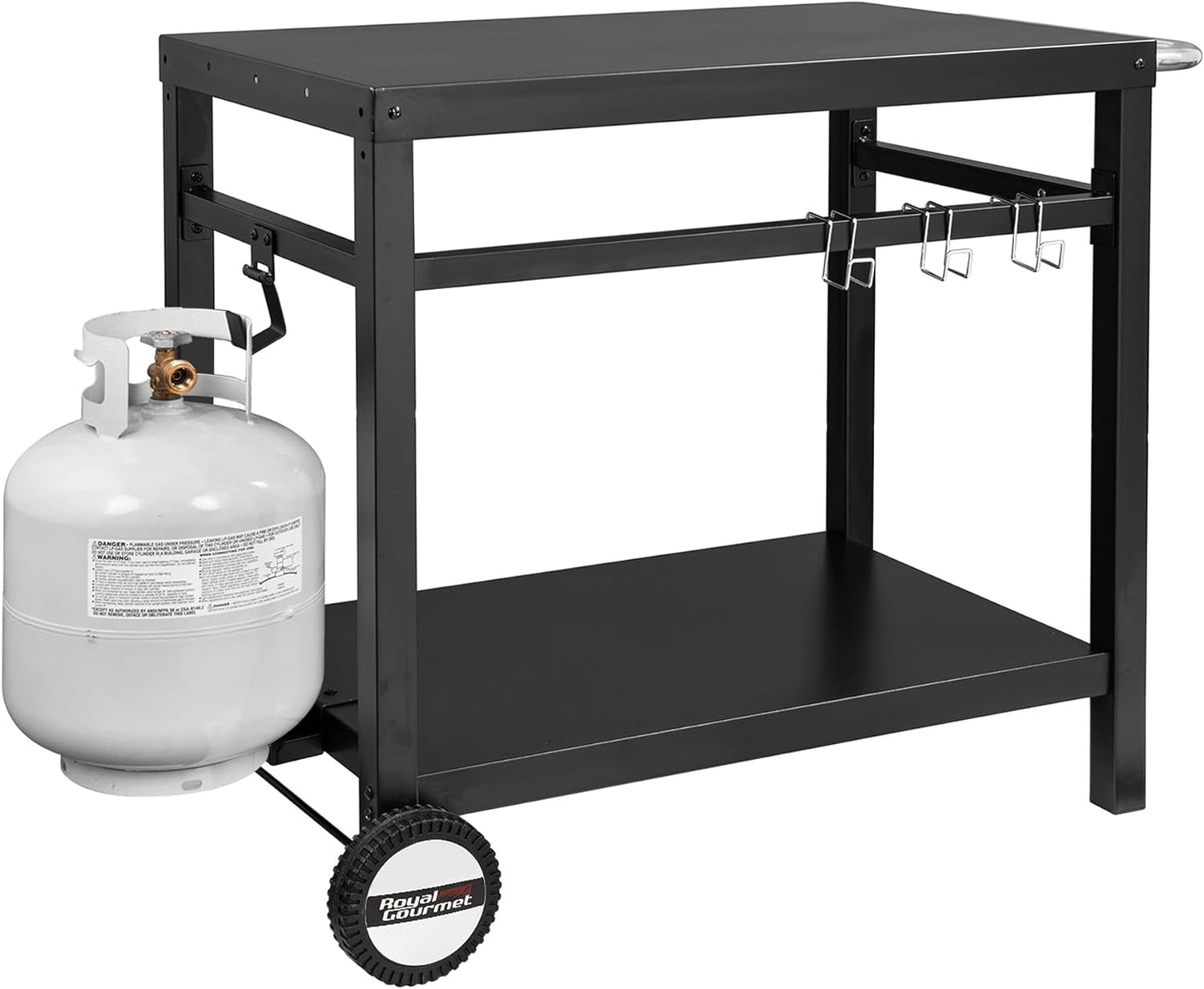 Dining Cart Table with Double-Shelf, Movable Steel Flattop Worktable, Hooks, Side Handle, Multifunctional and Commercial PC3401B (Black)