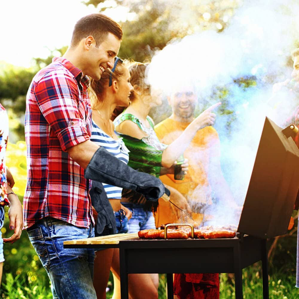 932°F Heat Resistant Forge Welding Gloves 14 Inches Cowhide Leather - Long Sleeve and Insulated Lining Grill Glove for Tig Welder/Mig/Barbecue/Green Egg/Stove Gray