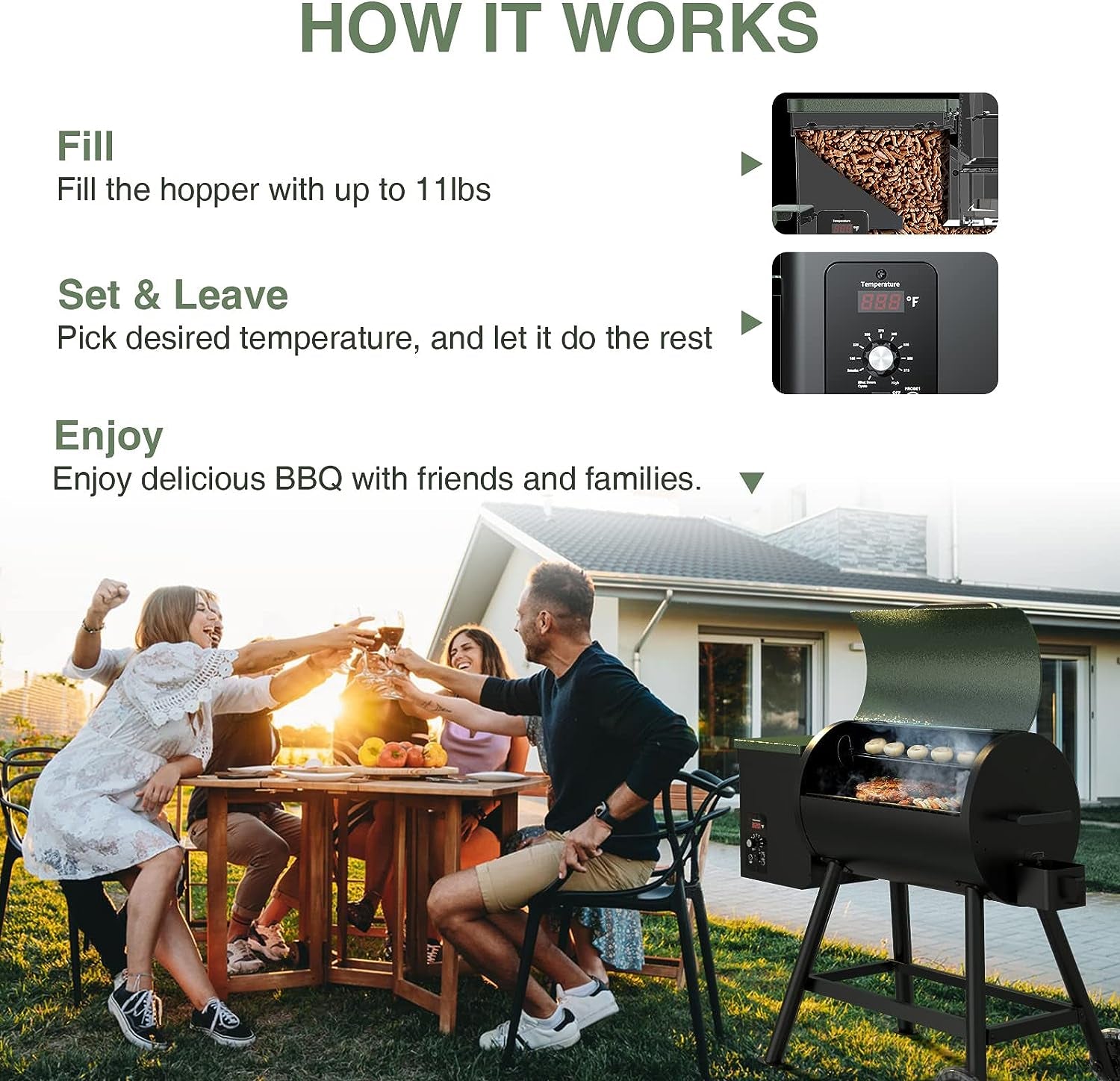 Wood Pellet Grill & Smoker 8-In-1 Multifunctional Portable BBQ Grill with Automatic Temperature Control, Rugged Wheels & Rain Cover, for Backyard Camping Outdoor Cooking Smoke, Bake and Roast