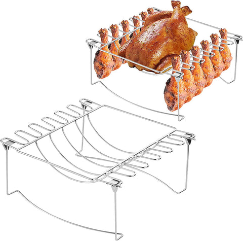 Image of 3-In-1Turkey Roasting Rack Rib Rack for Smoking & Chicken Leg Rack for Oven Grill - Holds 6 Large Ribs, 12 Chicken Leg Wing, 1 Whole Chicken - Premium Foldable Space-Saving Grilling Smoking Accessory