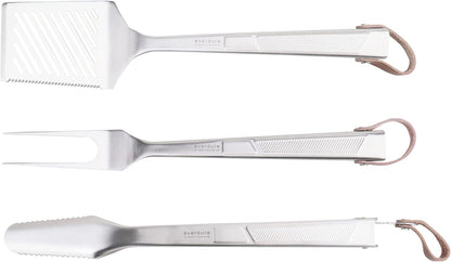 Everdure BBQ Tool Kit - 3 Pack, Brushed Stainless Steel Tongs, Spatula and Fork with Soft Grip Handles and Leather Straps, Barbeque Grill Accessories and Cooking Utensils Set