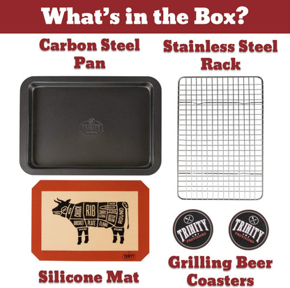 Meat Resting Pan - with Wire Rack and Silicone Baking Mat - Dishwasher and Oven Safe Stainless Steel, for Cooking and Cooling Steak, BBQ, Bacon, & More