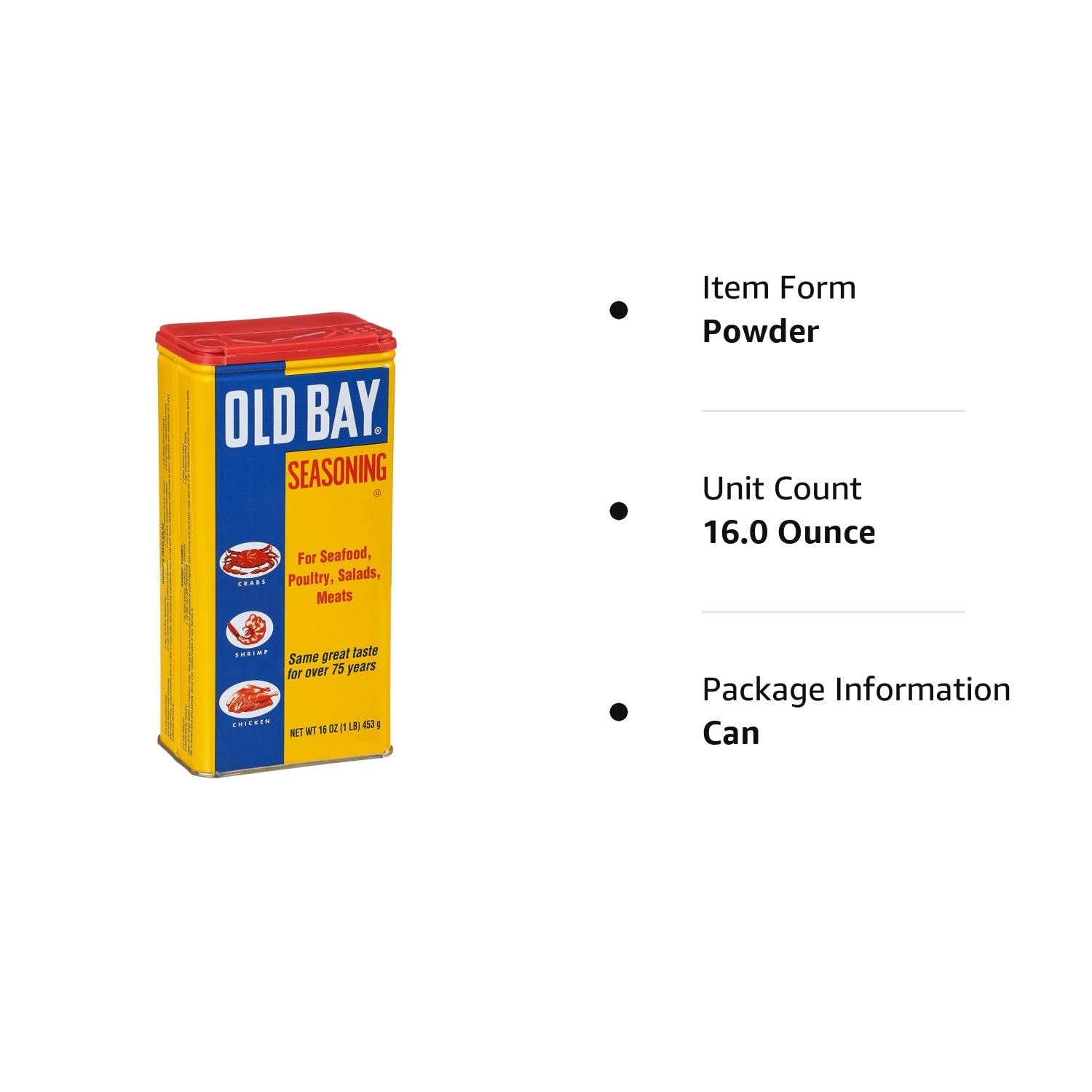 OLD BAY Seasoning, 16 Oz - One 16 Ounce Fan-Favorite Tin Can of OLD BAY All-Purpose Seasoning with Unique Blend of 18 Spices and Herbs for Crabs, Shrimp, Poultry, Fries, and More