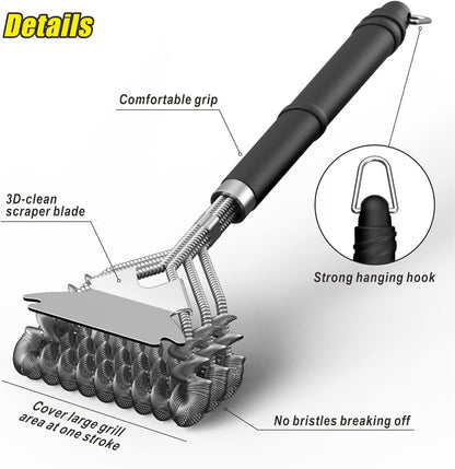 Grill Brush and Scraper, Bristle Free Safe Grill Brush for Outdoor Grill, Stainless Steel BBQ Brush for Grill Cleaning, BBQ Grill Accessories Gifts for Men, Hooks and 3D Universal Scraper Included