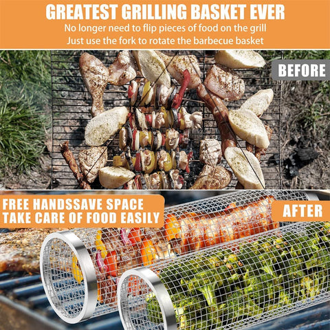 Image of Cooking Coll Rolling Grilling Basket,Round Stainless Steel BBQ Grill Mesh,Grill Baskets for Outdoor Grill,Barbecue Net Tube Grate Fish,Vegetable,Fries - Camping Picnic Cookware(Mid,7.87 X 3.54 Inch)