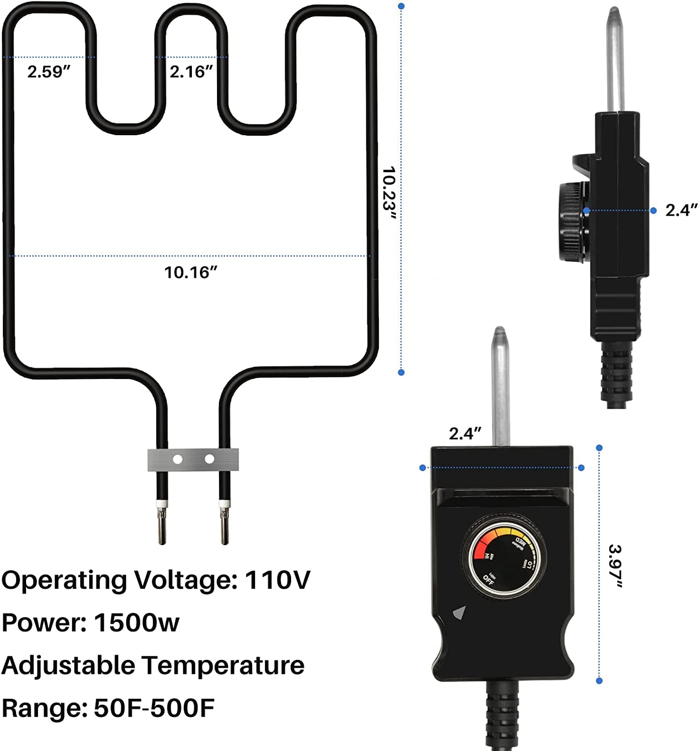 Universal Electric Smoker and Grill Heating Element Replacement Part with Adjustable Thermostat Cord Controlle for Masterbuilt Smokers & Turkey Fryers 1500 Watts