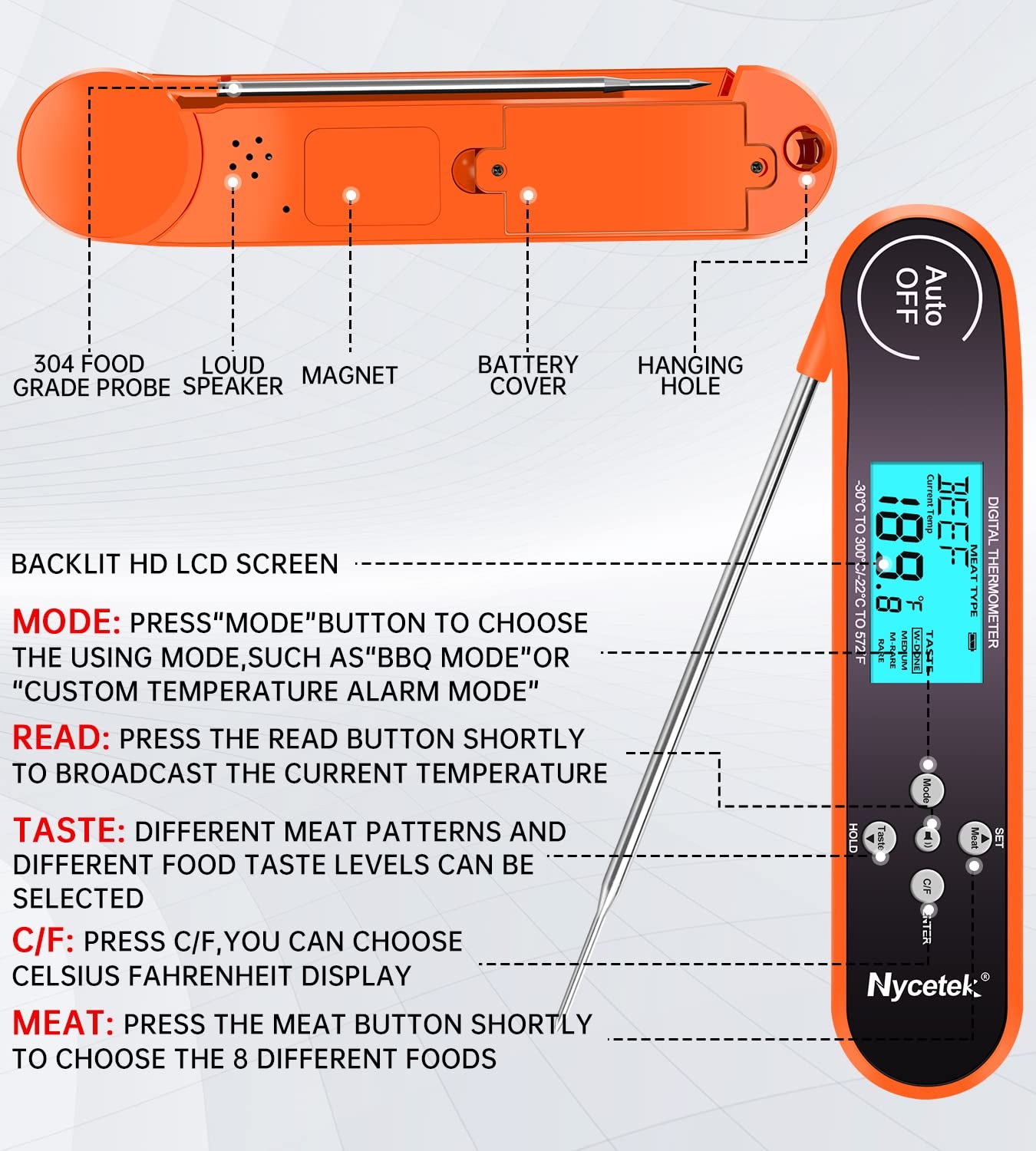Digital Cooking Thermometer, Accurate & Waterproof Instant Read Meat Thermometer with Backlit, Calibration, Probe, Food Thermometer for Kitchen, Grilling, Candy, BBQ, Oil Fry, Baking and More