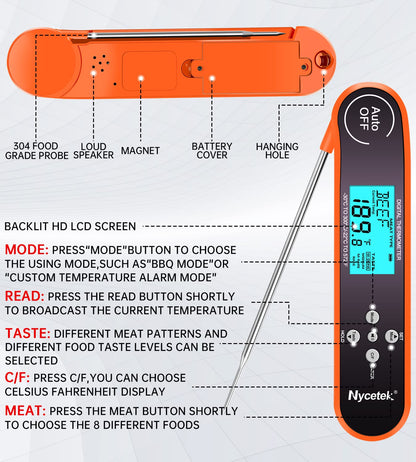 Digital Cooking Thermometer, Accurate & Waterproof Instant Read Meat Thermometer with Backlit, Calibration, Probe, Food Thermometer for Kitchen, Grilling, Candy, BBQ, Oil Fry, Baking and More
