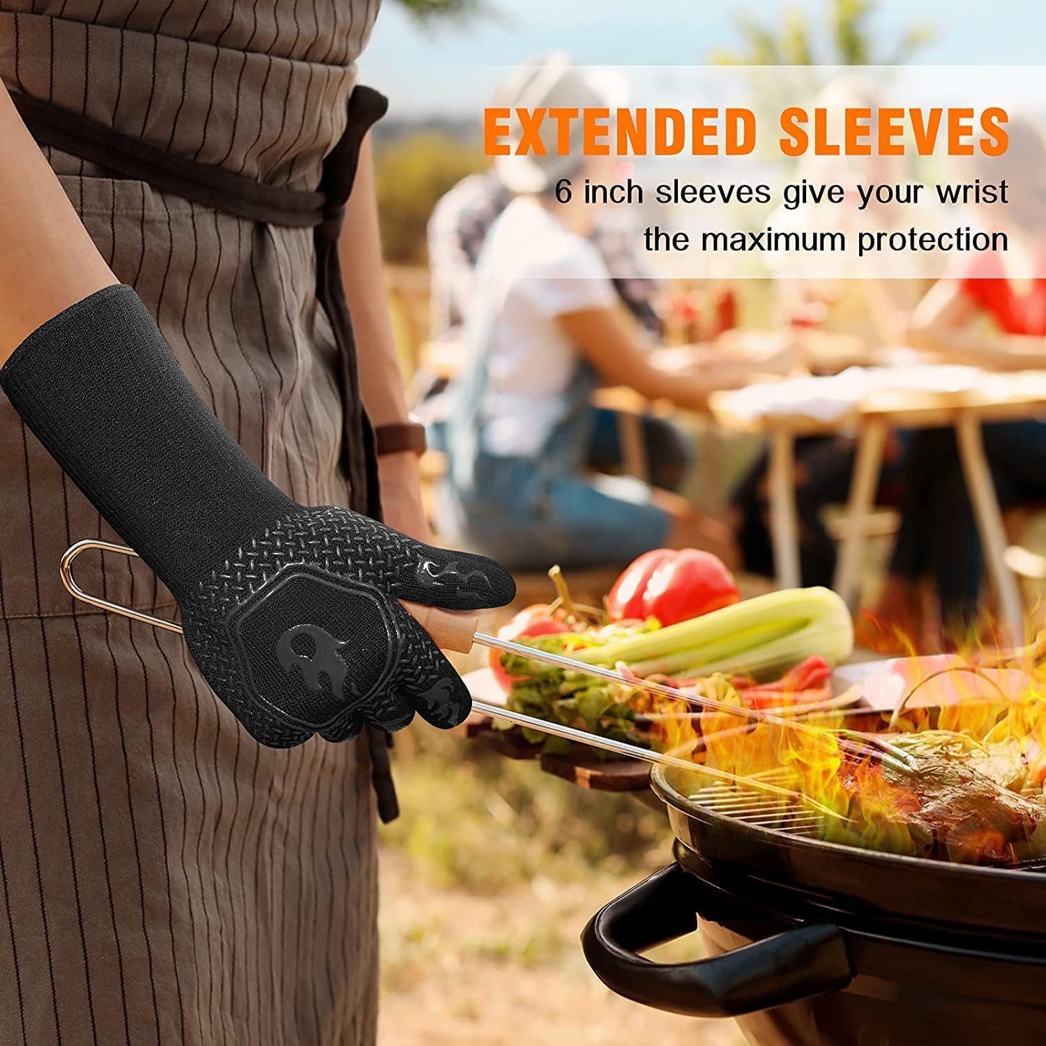 HAMITOR BBQ Grill Gloves Heat Resistant: 1472℉ High Temp Resistance Fireproof Glove for Grilling Smoking Barbecue - Washable Long Oven Mitts Extreme Hot Proof Mittens for Kitchen Cooking Baking