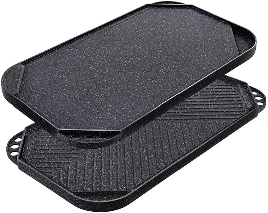 Nonstick Griddle Grill Pan, Pro-Grid Reversible Grill & Griddle Pan, Two Burner Cast Aluminum Griddle, Portable for Indoor Stovetop or Outdoor Camping BBQ, 19.5" X 10.7"