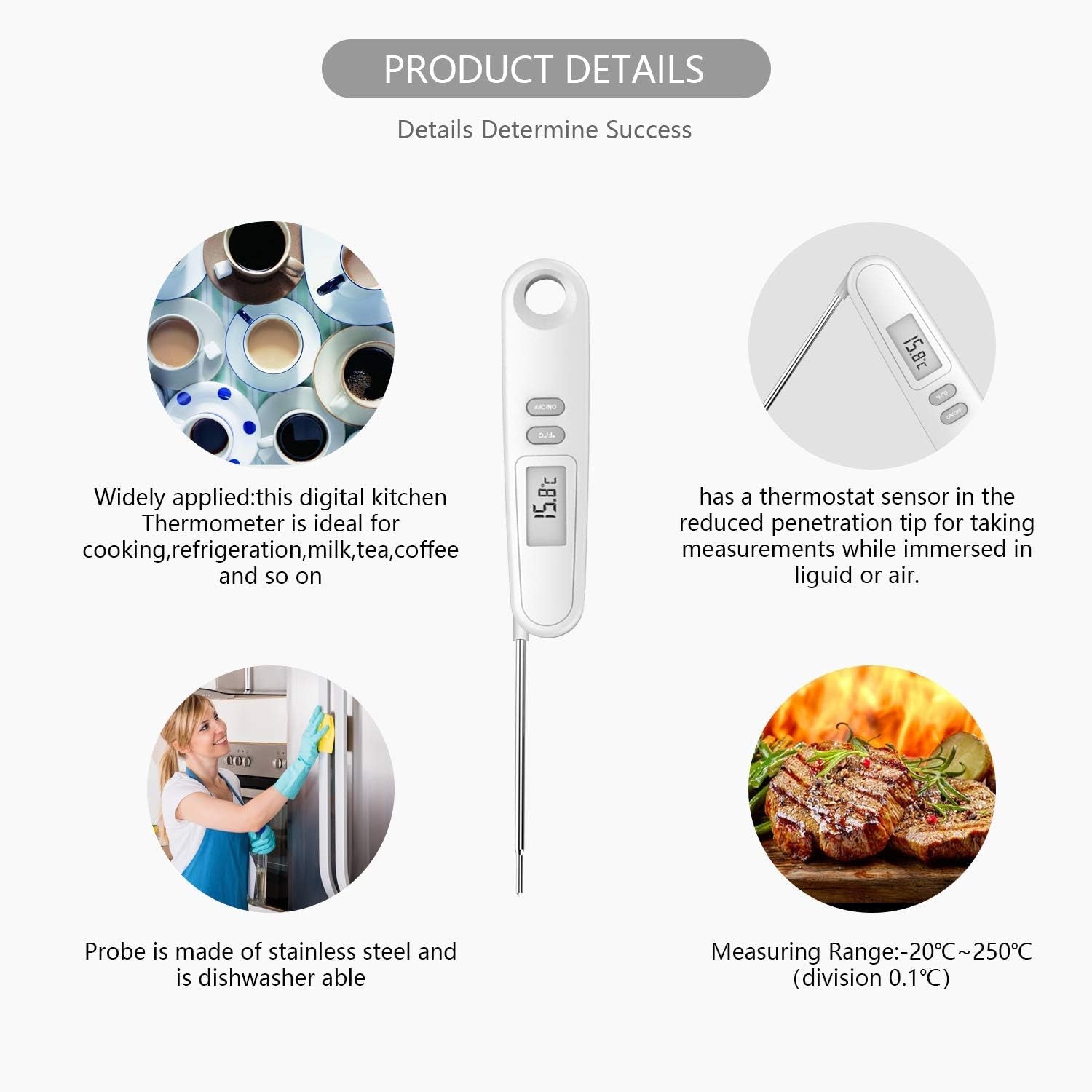Instant Read Meat Thermometer for Kitchen Cooking, Waterproof Food Thermometer with Stainless Steel Probe and Backlight for BBQ, Grilling and Bakery White