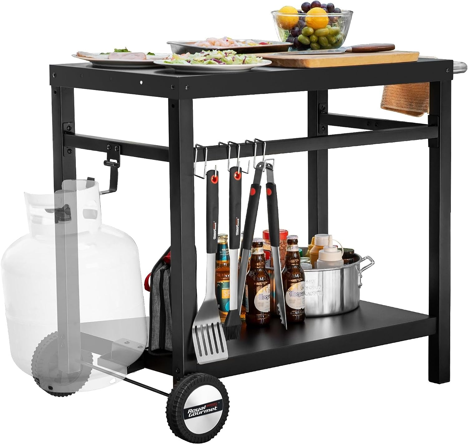 Dining Cart Table with Double-Shelf, Movable Steel Flattop Worktable, Hooks, Side Handle, Multifunctional and Commercial PC3401B (Black)