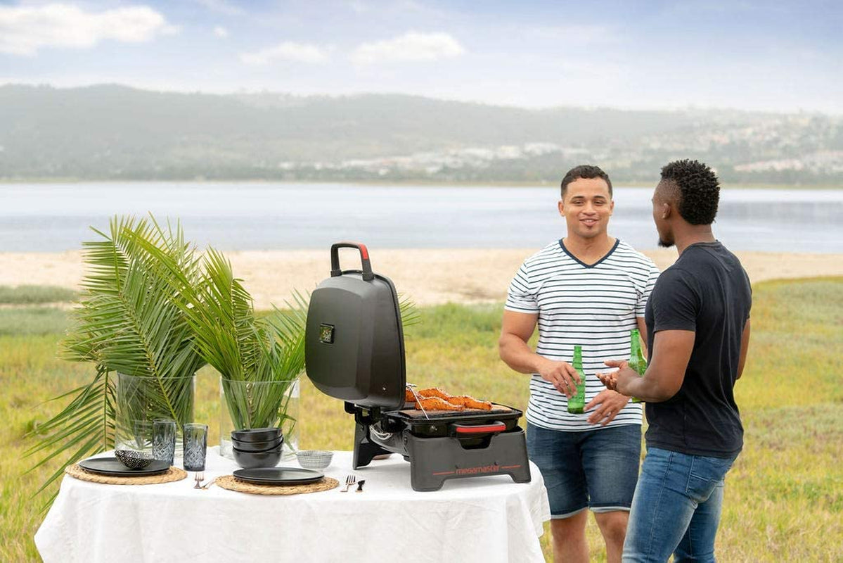 820-0065C 1 Burner Portable Gas Grill for Camping, Outdoor Cooking , Outdoor Kitchen, Patio, Garden, Barbecue with Two Foldable Legs, Red + Black