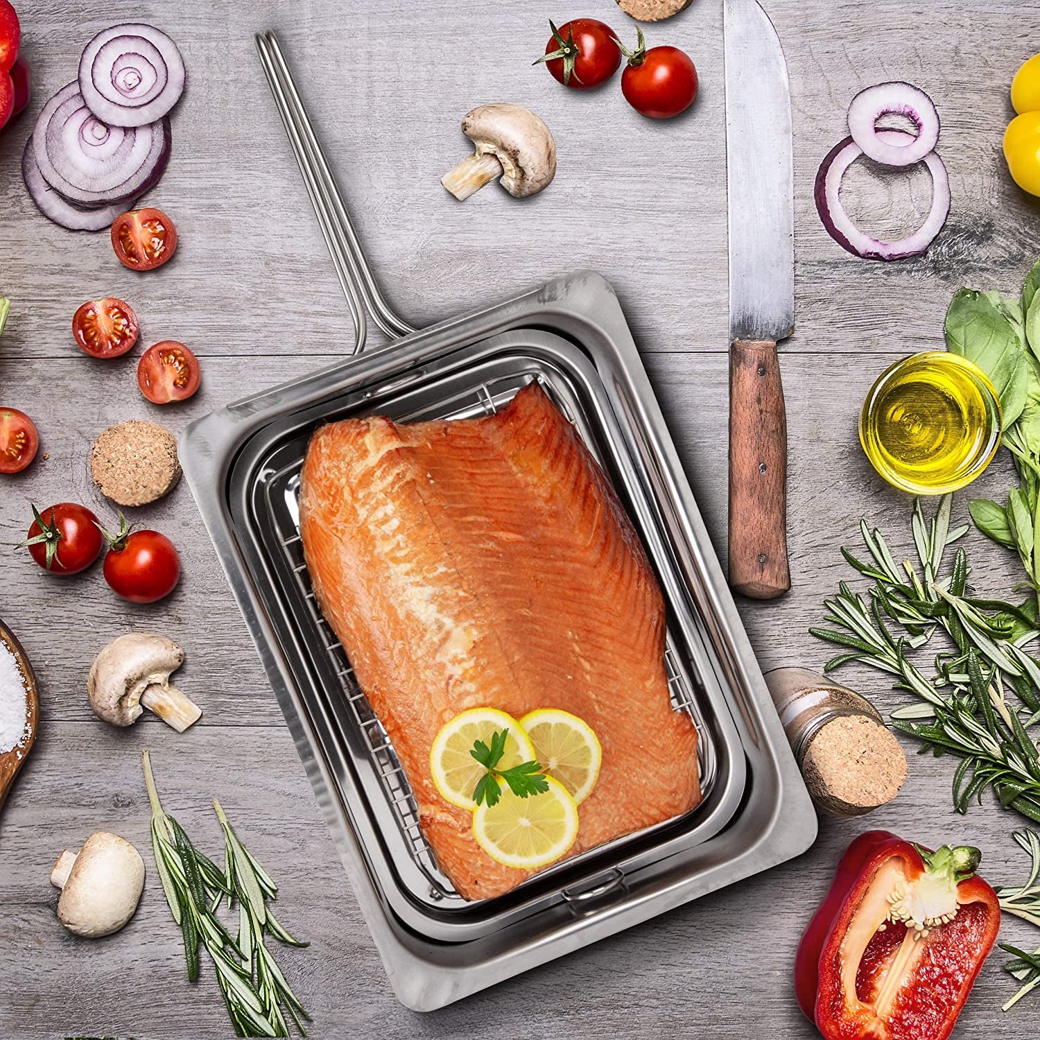 Large Stovetop Smoker - Stainless Steel BBQ Smoker Box W/Hickory & Oak Wood Chips & Recipe Guide - Indoor Outdoor Use - Great for Smoking Thanksgiving Dinner - Barbecue Grilling Gift for Men