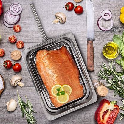 Large Stovetop Smoker - Stainless Steel BBQ Smoker Box W/Hickory & Oak Wood Chips & Recipe Guide - Indoor Outdoor Use - Great for Smoking Thanksgiving Dinner - Barbecue Grilling Gift for Men