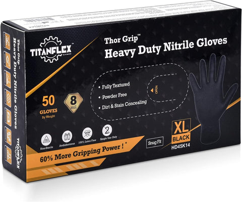 Image of Thor Grip Heavy Duty Black Industrial Nitrile Gloves with Raised Diamond Texture, 8-Mil, Latex Free, 50-Ct Box