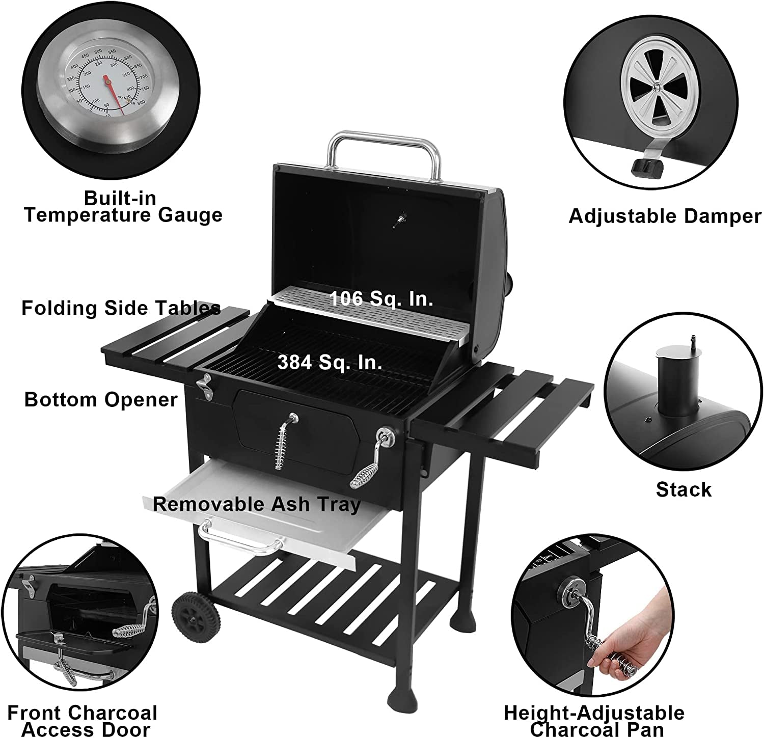 CD1824EN 24” Charcoal Grill Outdoor Smoker with Side Tables Backyard Griller Party BBQ Picnic Patio Cooking, Black
