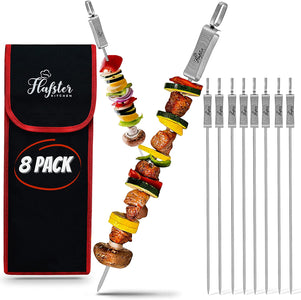 Kabob Skewers for Grilling- BBQ Skewers for Grilling-16" Long Flat Kebab Skewers with Push Bar- Shish Kabob Skewers - Stainless Steel Skewer Sticks for Camping - Wide Reusable Sword Skewers - 8 Pack