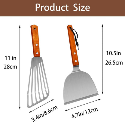 KLAQQED Spatula, Metal Spatulas Set, Stainless Steel Spatula, Fish Spatula Turner Cooking BBQ Grill Griddle Spatula, Metal Spatula for Cast Iron Skillet, Small Wide Kitchen Spatulas ​With Wood Handle