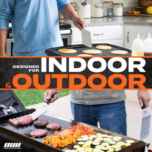 OUII Flat Top Griddle Accessories for Blackstone and Camp Chef Griddle - 9 Pieces Set with Griddle Cleaning Kit and Carry Bag! Metal Spatula, Scraper for Hibachi and Teppanyaki Grill