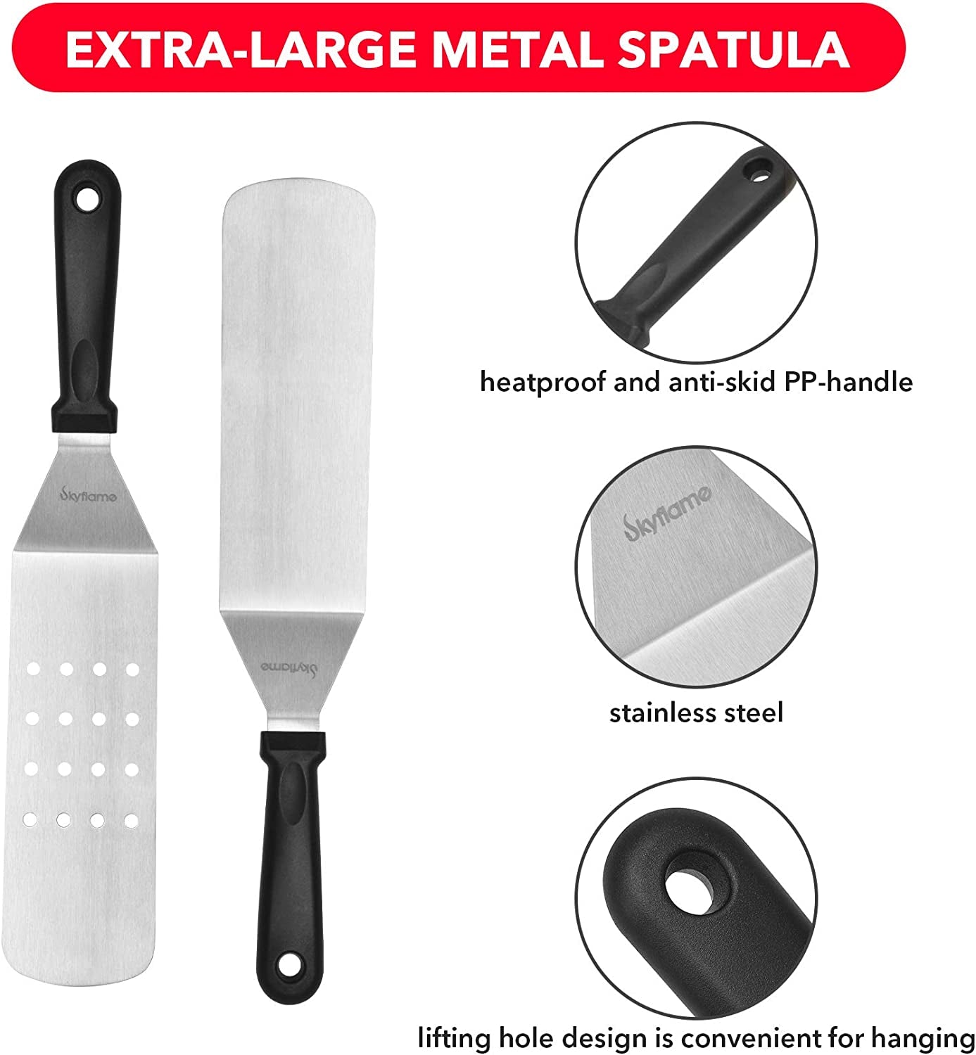 Skyflame 3 Piece Griddle Accessories Kit, Stainless Steel Professional Long BBQ Grill Spatula/Turner & Scraper Set for Flat Top Grill Hibachi Camping Cooking