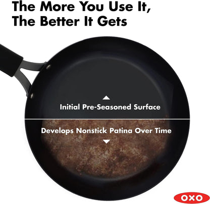 OXO Obsidian Pre-Seasoned Carbon Steel, 15" X 10.5" Roasting Pan with Stainless Steel Roaster Rack, Induction, Black