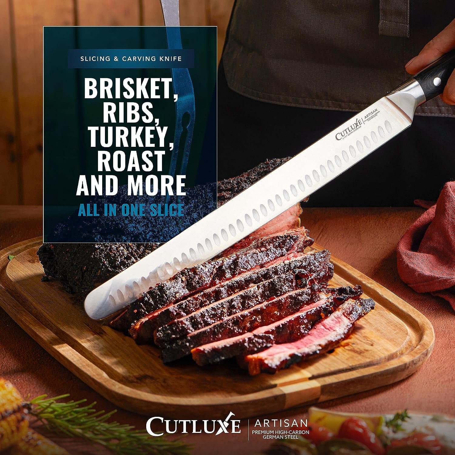 Cutluxe Slicing Carving Knife – 12" Brisket Knife, Meat Cutting and BBQ Knife – Razor Sharp German Steel – Full Tang & Ergonomic Handle Design – Artisan Series