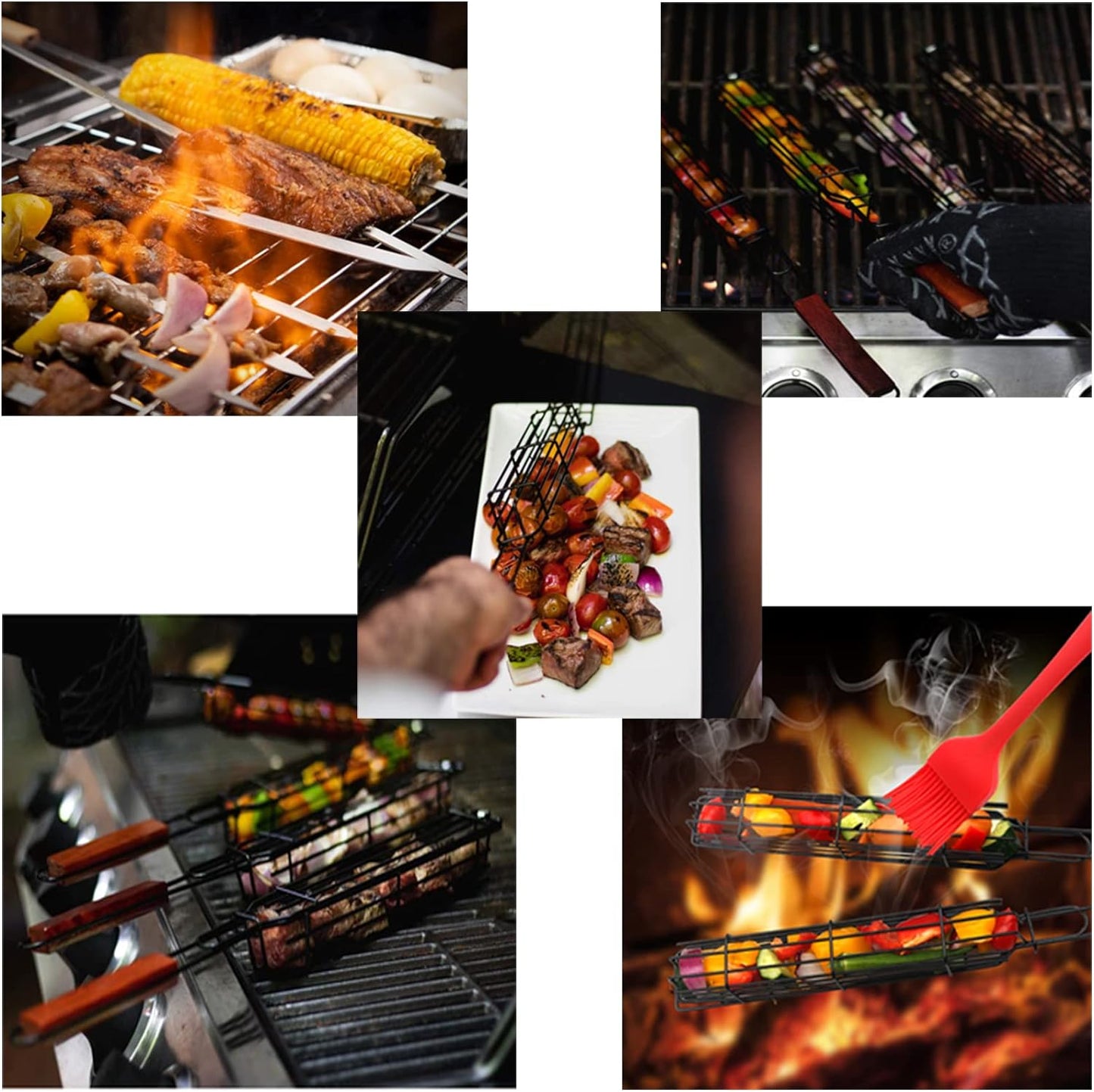 Kabob Grilling Basket Grilling Skewers Nonstick Kabob Grill Baskets Set of 6 & 6 Barbecue Skewers,Grilling & BBQ Utensils, Grill Basket for Vegetables with Handle Grilling Baskets for Outdoor Grilling