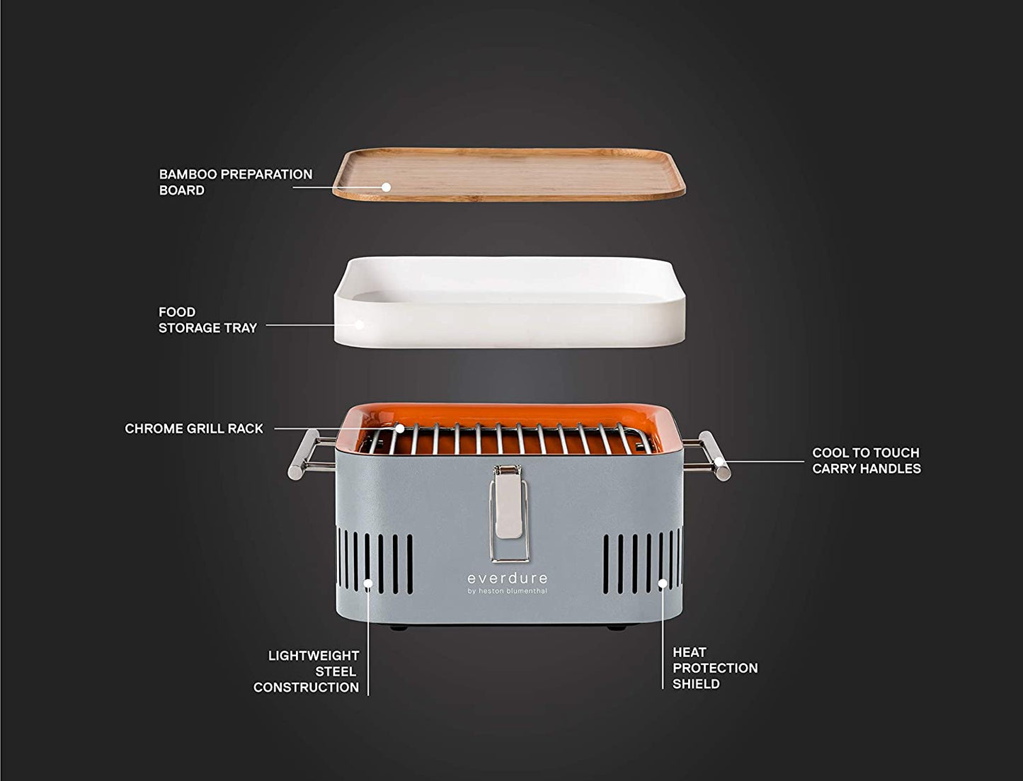 CUBE Portable Charcoal Grill, Tabletop BBQ, Perfect Tailgate, Beach, Patio, or Camping Grill, Lightweight & Compact Small Grill with Preparation Board & Food Storage Tray, Stone