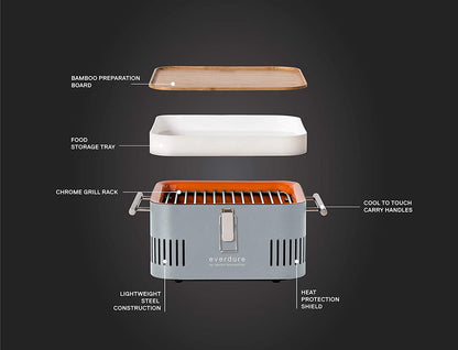 CUBE Portable Charcoal Grill, Tabletop BBQ, Perfect Tailgate, Beach, Patio, or Camping Grill, Lightweight & Compact Small Grill with Preparation Board & Food Storage Tray, Stone
