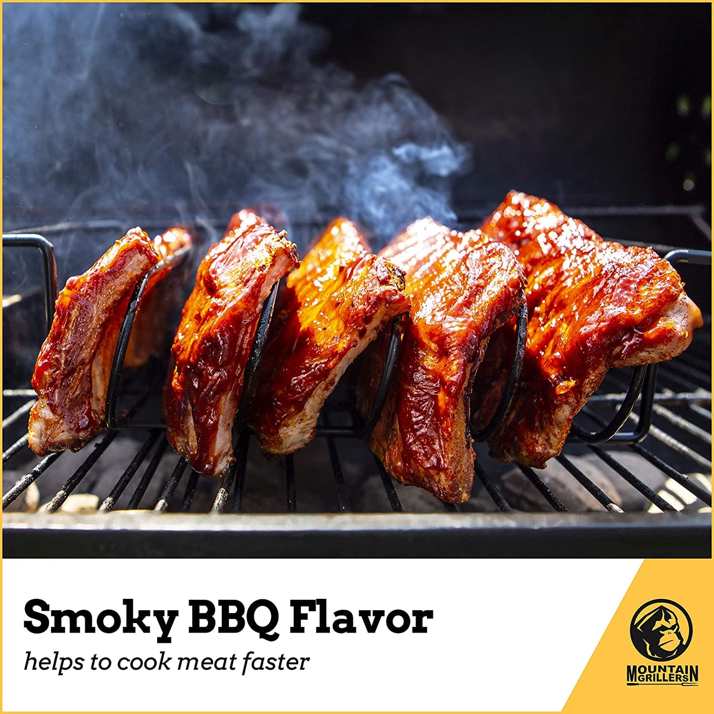 MOUNTAIN GRILLERS BBQ Rib Racks for Smoking, Gas Smoker or Charcoal Grill, Sturdy & Non Stick Standing for Gas Grill, Bbq Grill, Holds up to 5 Baby Back Ribs, Grilling & Barbecue Gifts for Men Black