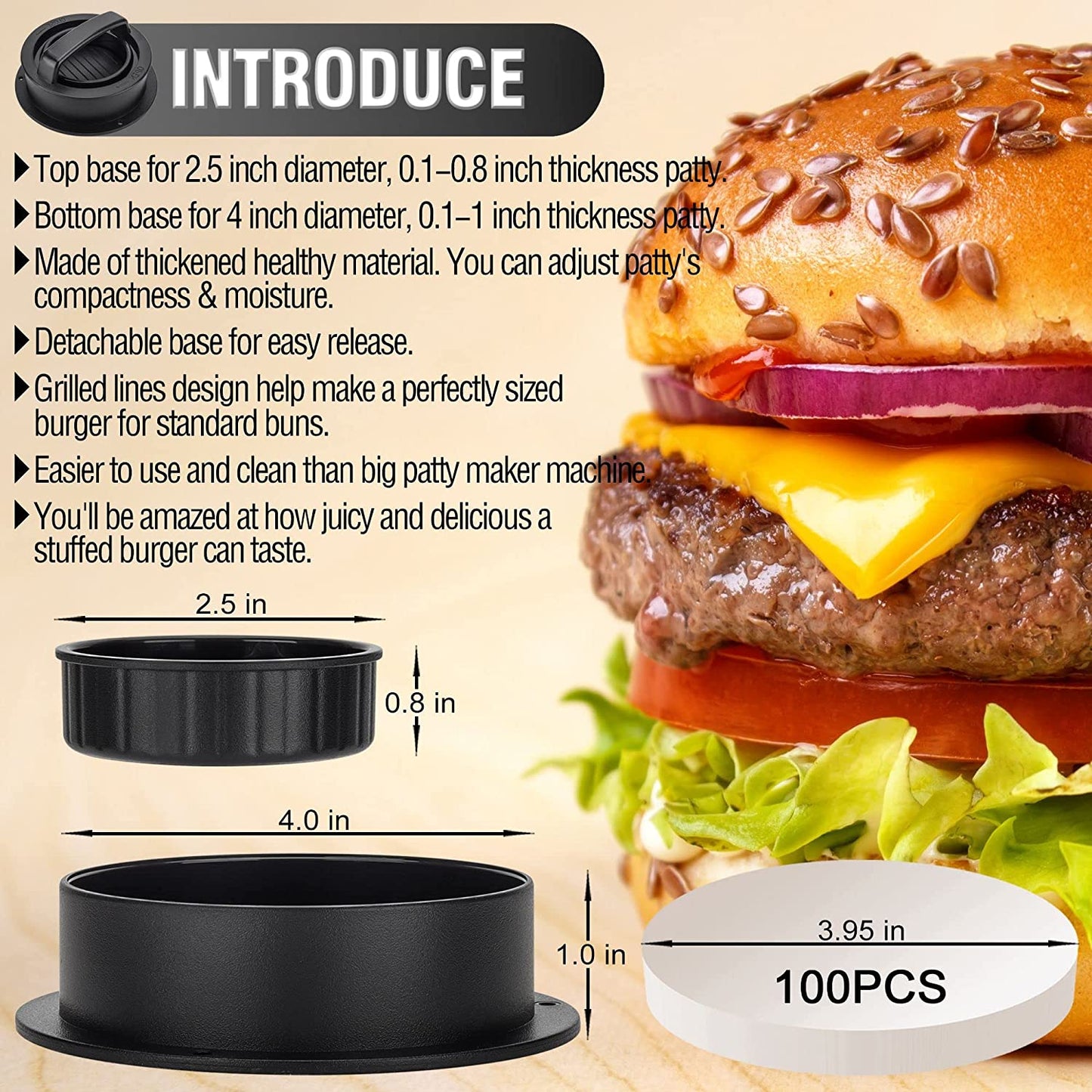 TOUWMX 3-In-1 Stuffed Burger Press, Hamburger Press, Hamburger Press Patty Maker for Stuffed Burgers, Beef Veggie Burger, Sliders, Burger Patty Mold with 100PCS Patty Wax Paper