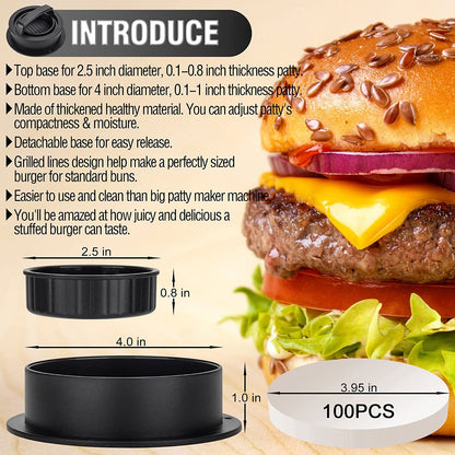 TOUWMX 3-In-1 Stuffed Burger Press, Hamburger Press, Hamburger Press Patty Maker for Stuffed Burgers, Beef Veggie Burger, Sliders, Burger Patty Mold with 100PCS Patty Wax Paper