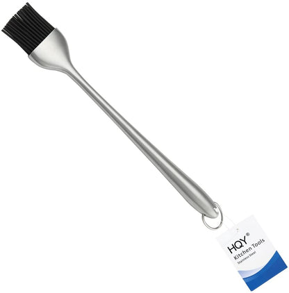 Heavy-Duty BBQ Basting Brush by HQY - Silicone Bristles with 12 Inch Stainless Steel Handle - Make Grilling Easy - 5 Year Guarantee