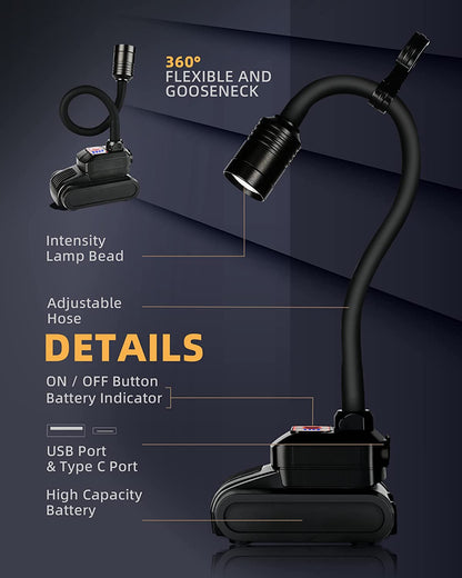 LED Work Light, 2000 Lumen Flexible Gooseneck Flashlight with Magnetic Base, Adjustable Grill Light, Job Site Light for Work Bench, Auto-Repairing, Reading, Emergency and Bbq(Rechargeable)