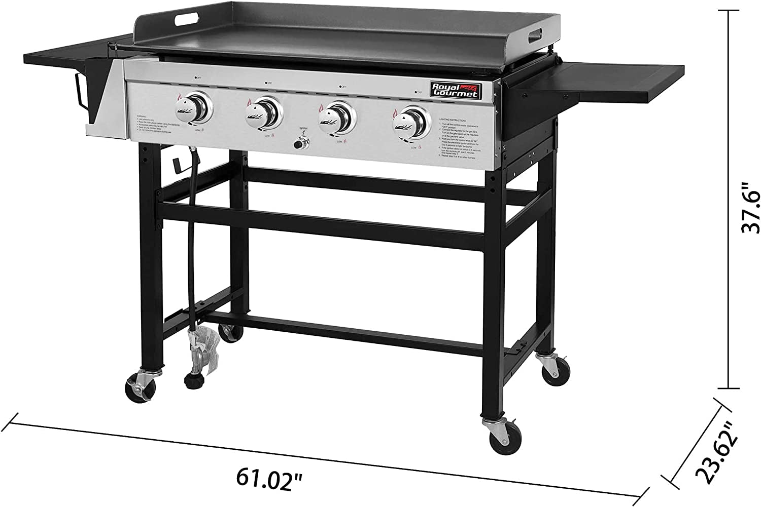 GB4001B 4-Burner Flat Top Gas Grill 52000-BTU Propane Fueled Professional Outdoor Griddle 36Inch Backyard Cooking with Side Table, Black