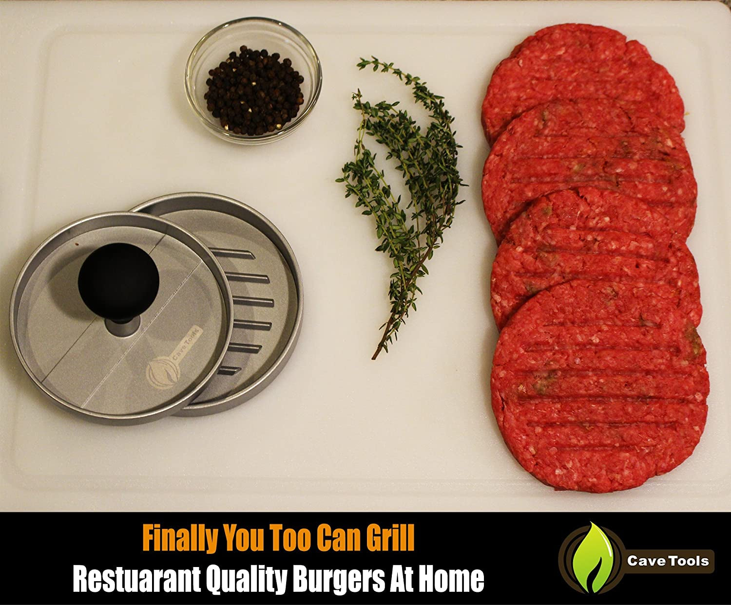 Cave Tools Burger Press - Perfectly Formed Hamburger Maker - Includes 200 Non Stick Patty Papers for Making 1/4 Lb or 1/3 Lb Stuffed Pocket Burgers - Aluminum Presser