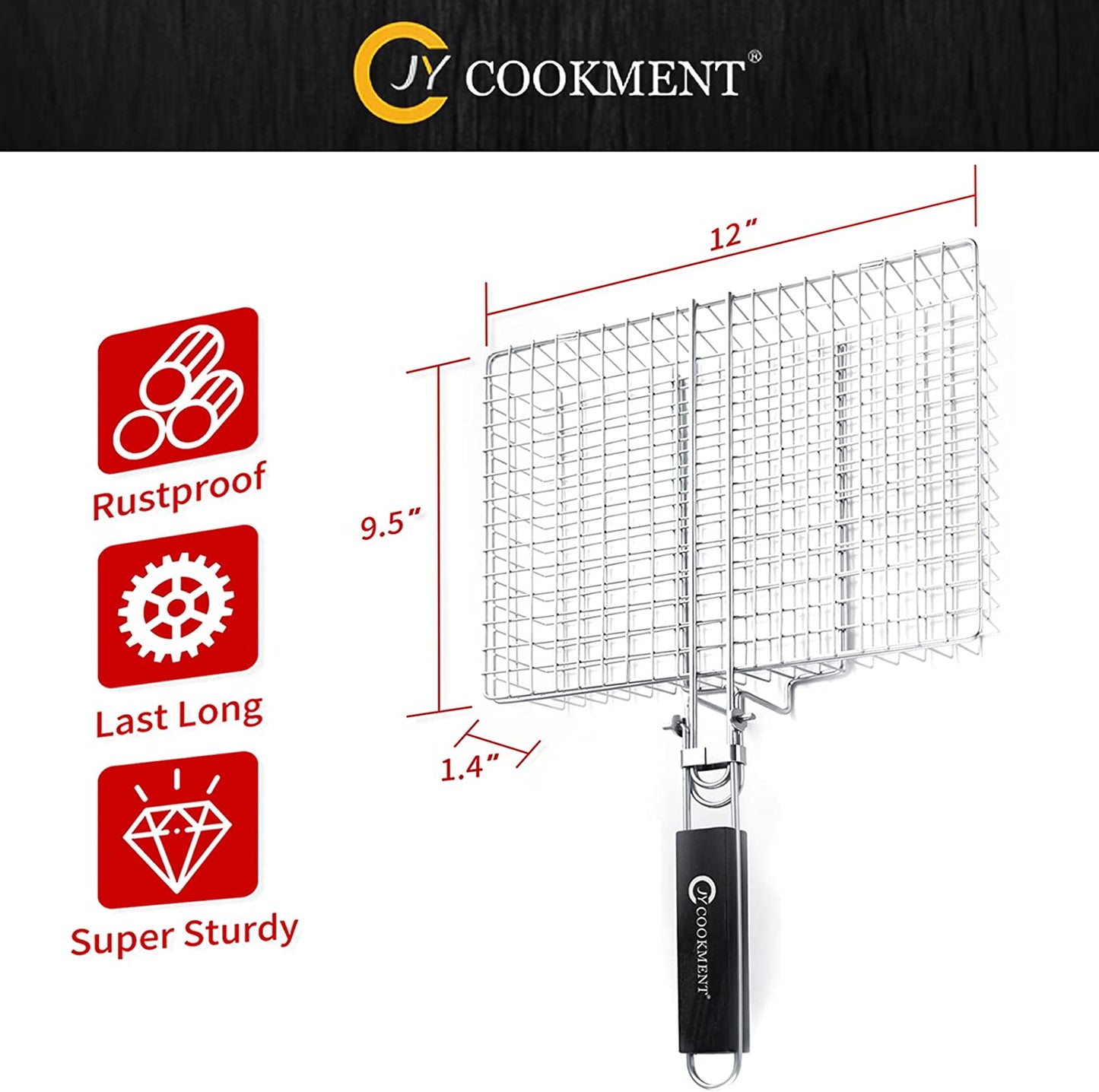 JY COOKMENT Grill Basket Stainless Steel with Portable Removable Handle, Grilling Basket-Bbq Accessories for Vegetable, Shrimp, Fish, Steak and Outdoor Use-Dishwasher Safe