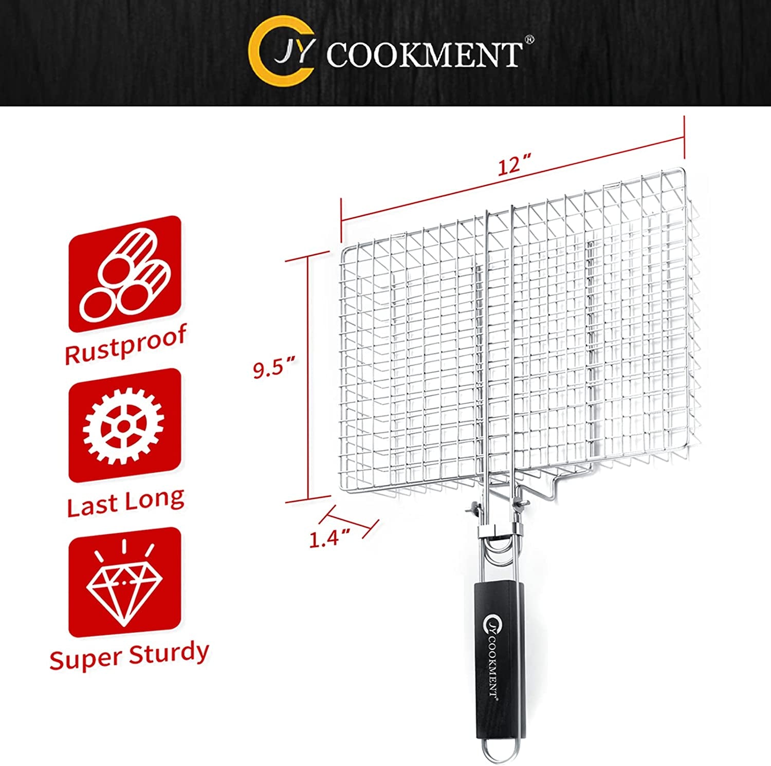 JY COOKMENT Grill Basket Stainless Steel with Portable Removable Handle, Grilling Basket-Bbq Accessories for Vegetable, Shrimp, Fish, Steak and Outdoor Use-Dishwasher Safe