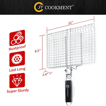 JY COOKMENT Grill Basket Stainless Steel with Portable Removable Handle, Grilling Basket-Bbq Accessories for Vegetable, Shrimp, Fish, Steak and Outdoor Use-Dishwasher Safe