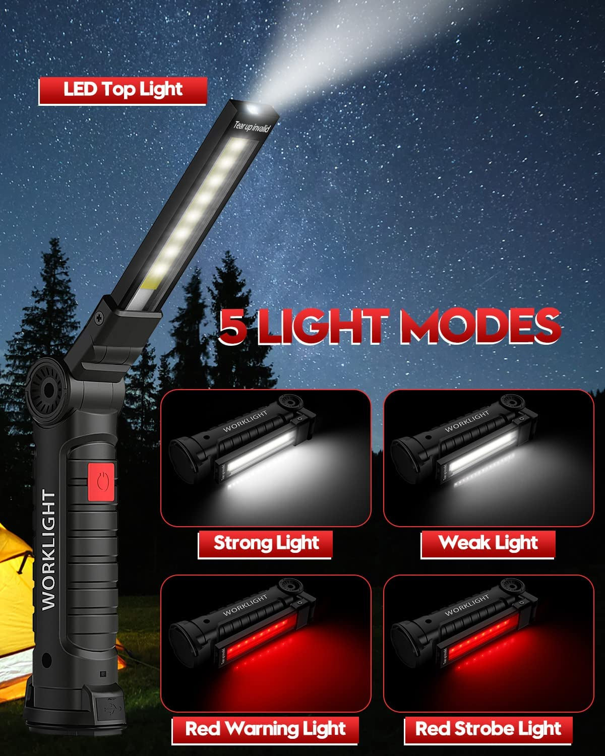 Tool Gifts for Men, Rechargeable LED Work Lights Grill Light with Magnetic Base 5 Modes 360° Rotate (2Pack Black)