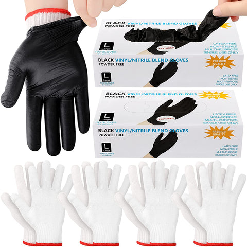 Image of 200 Pcs Disposable BBQ Gloves with 4 Pairs Cotton Liners Grilling Gloves BBQ Cooking Gloves(Black, White, Large)