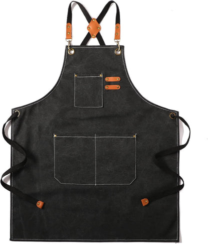 Canvas Cross Back Chef Cotton Aprons for Men Women with Large Pockets