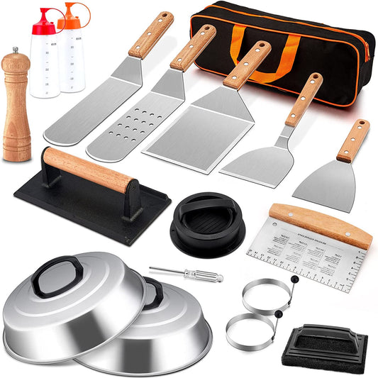 Griddle Accessories Set of 18, Stainless Steel Flat Top Grilling Accessory Outdoor Camping BBQ Cooking Tools, with Grill Spatulas, Scraper, Melting Dome, Burger Turner, Portable Carrying Bag