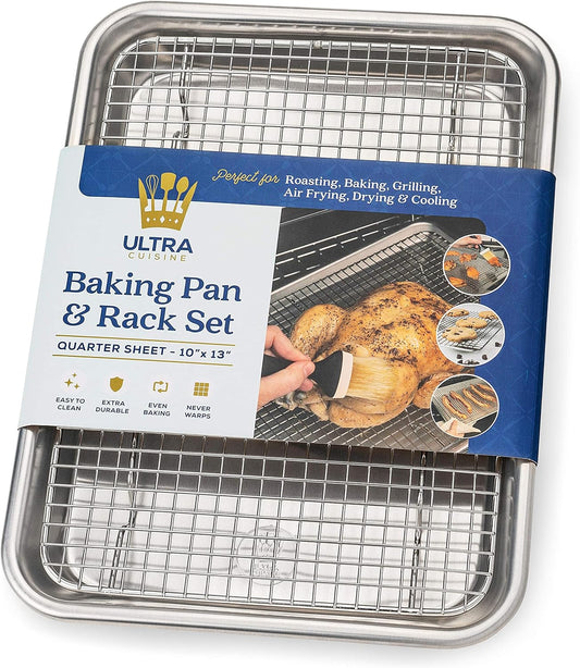 Oven-Safe Baking Pan with Cooling Rack Set - Quarter Sheet Pan Size - Includes Premium Aluminum Baking Sheet and 100% Stainless Steel Baking Rack for Oven - Durable, Easy Clean, Commercial Quality